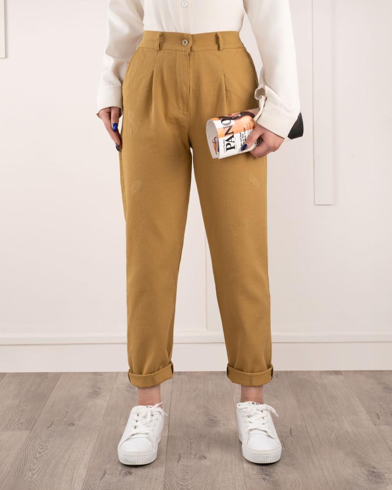 شلوار مام کتان نخودی ( قد 93 ) کد 27679