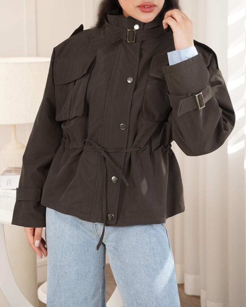 ترنچ کت یقه ایستاده قهوه ای کد 25947