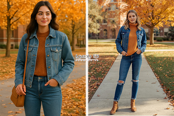 استایل دانشجویی یا اسپرت با شلوار جین و کت جین روی بافت