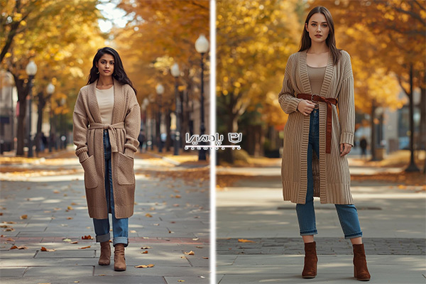 ژاکت بافت بلند با کمربند و بوت