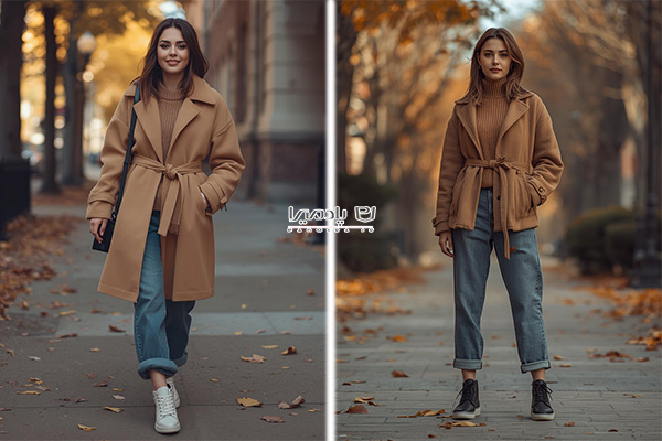 پالتو کوتاه کمربنددار با بلوز بافت