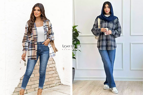 شکت دخترانه چهارخانه با شلوار جین مام فیت زنانه