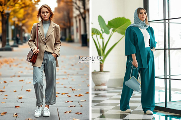 مانتو کتی زنانه با شلوار بگ و کیف دوشی چرمی