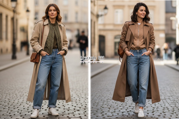 استایل لایه‌دار مدرن با بامبرجکت کتان زیر ترنچ کت