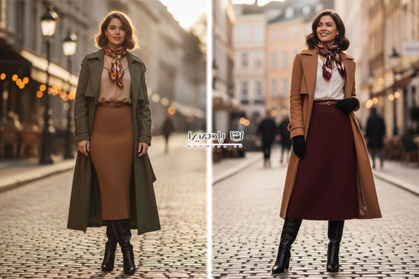 استایل زنانه با دامن بافت و بوت بلند