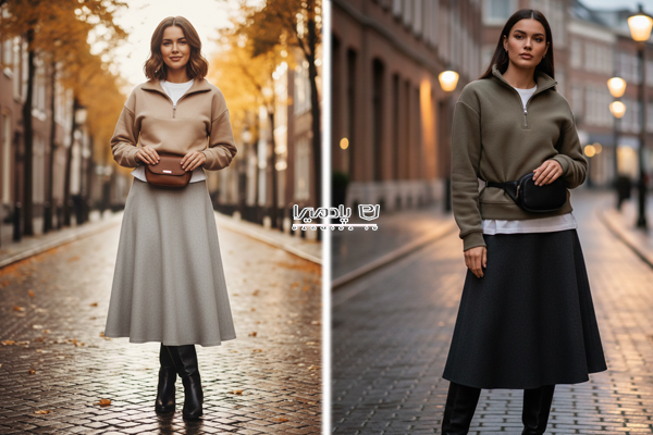 استایل دورس نیم‌زیپ زنانه با دامن