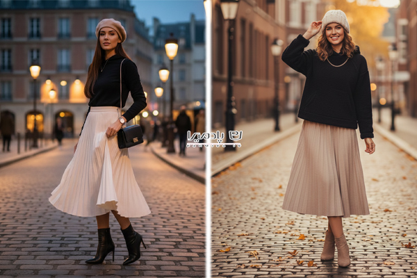 استایل دامن فوتر پلیسه با هودی مشکی دخترانه