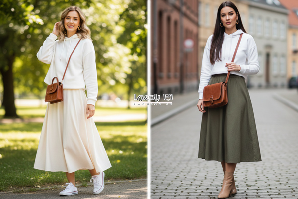 ترکیب دامن ای‌لاین کتان با هودی سفید دخترانه