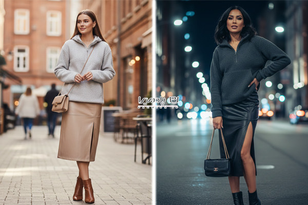 استایل دامن چاک‌دار چرمی با هودی نیم‌زیپ