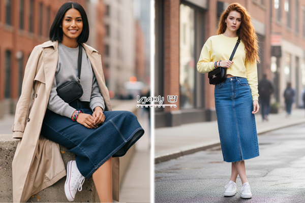 استایل دامن راسته جین با دورس کراپ کوتاه