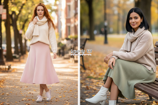 ترکیب دامن بافت کلوش با دورس یقه‌گرد اسپرت