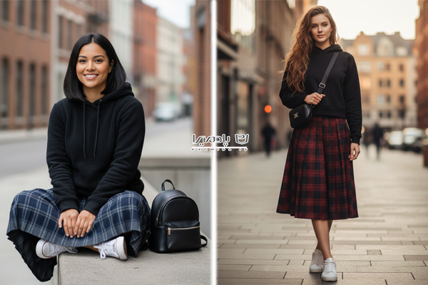 استایل دامن پلیسه چهارخانه با هودی مشکی دخترانه