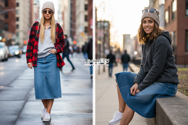 استایل دامن جین میدی با هودی نیم‌زیپ طوسی