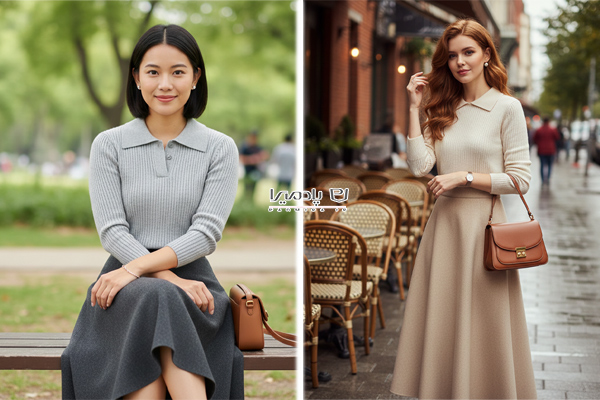 ترکیب دامن پشمی فون با دورس یقه‌دار زنانه