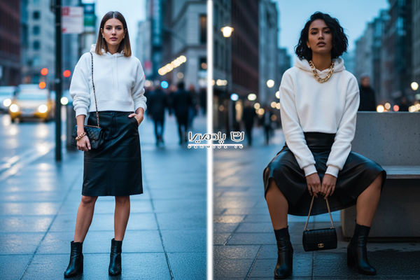 استایل دامن چرم راسته با هودی کراپ سفید