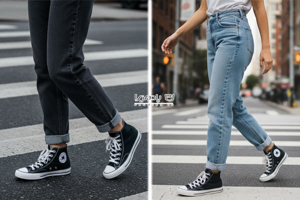 شلوار مام استایل با کتونی کانورس مشکی