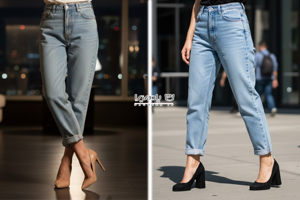 شلوار مام استایل با کفش پاشنه دار