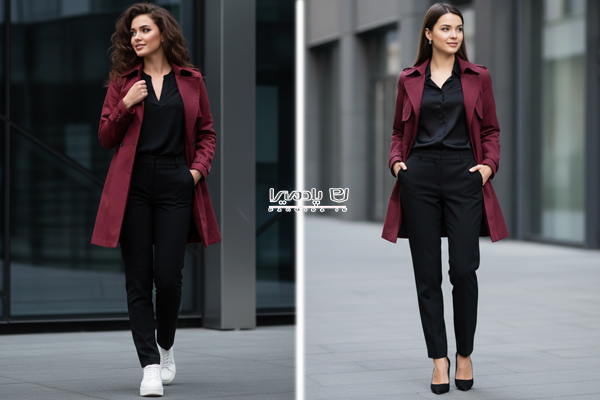 ترنچ کت کوتاه زرشکی با شلوار پارچه ای مشکی