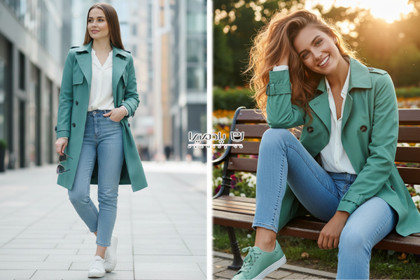 ترنچ کت کوتاه سدری با شلوار لگ و بوت بلند مشکی