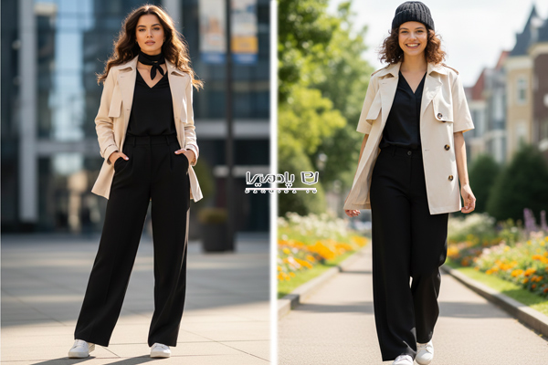 ترنچ کت کرم تعلق می گیرد که با شلوار واید لگ