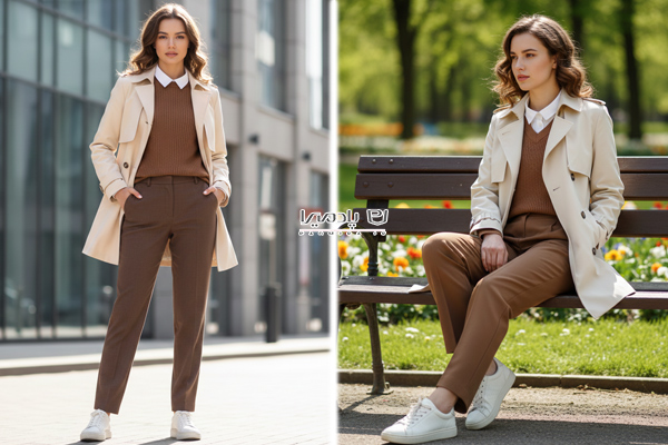 ترنچ کت کرم و شلوار قهوه ای