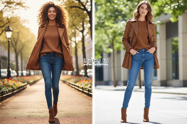 ترنچ کت کوتاه قهوه ای با شلوار راسته