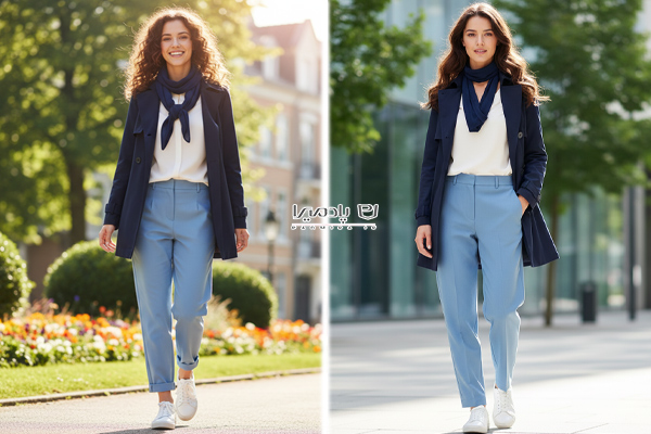 ترنچ کت کوتاه سرمه ای با شلوار نیم بگ