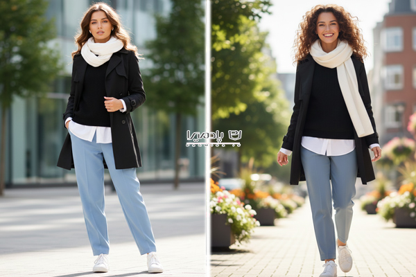 بافت مشکی، شلوار بگ آبی روشن، شال و کتونی سفید