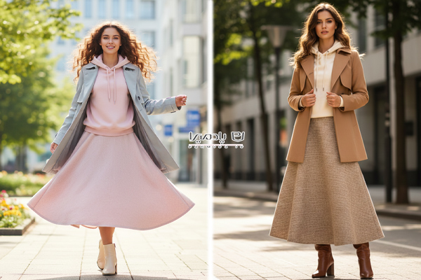 استایل ترنچ کت کوتاه با دامن بافت