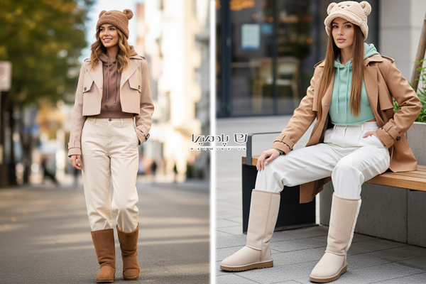 ترنچ کت کوتاه با شلوار واید لگ و بوت‌های خزدار (آگ)