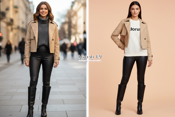 ترنچ کت کوتاه با لگینگ چرم و بوت ساق‌بلند