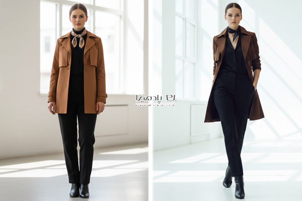 ترنچ کت کوتاه قهوه ای با شلوار راسته، مینی اسکارف