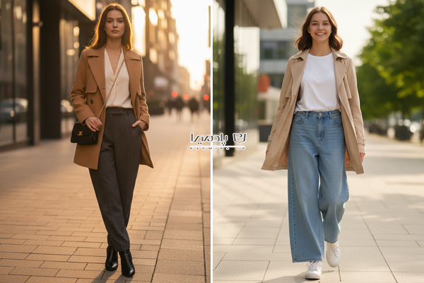 ست کردن بارانی کوتاه با شلوار بگ و نیم بگ