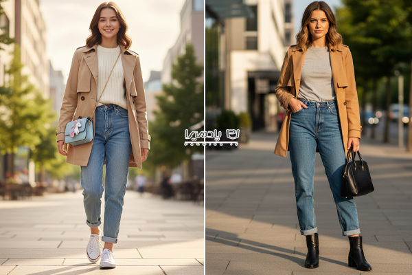 ست کردن بارانی کوتاه با شلوار مام استایل