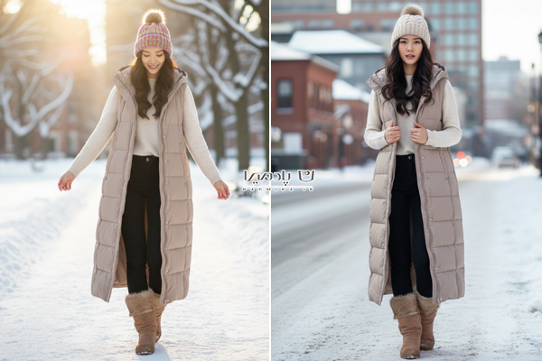 استایل شیک برفی با پافر بلند و شلوار اسکینی و کلاهبافت