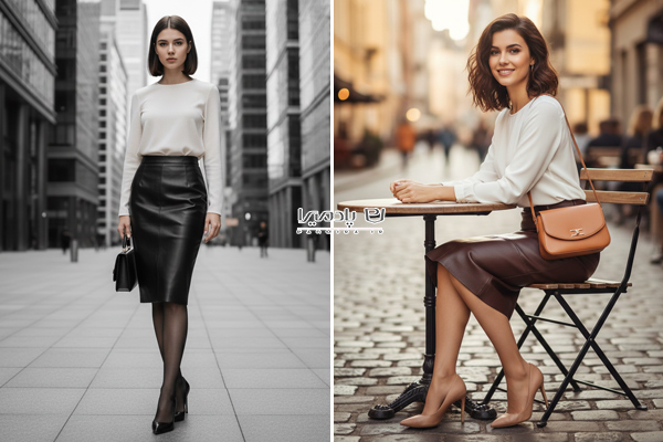 دامن چرم مدادی و بلوز ساده