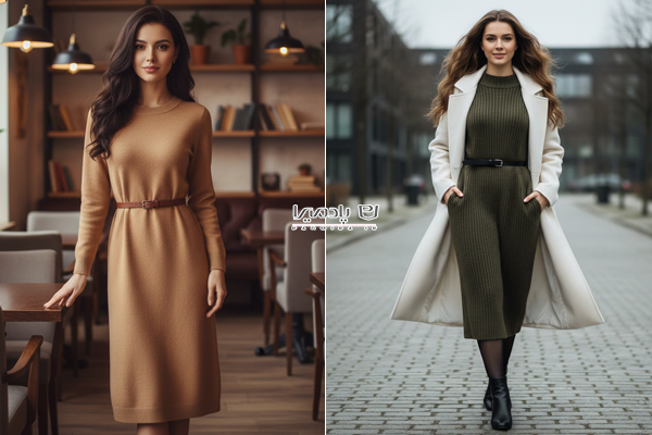 پیراهن بافت و کمربند چرم نازک