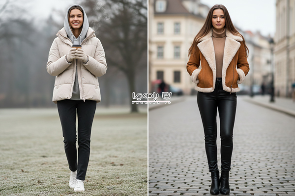 شلوار چرم اسکینی و کاپشن جیر آستین خزدار