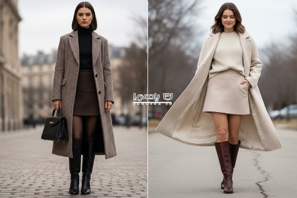 دامن کوتاه پشمی، بوت بلند با پالتو بلند