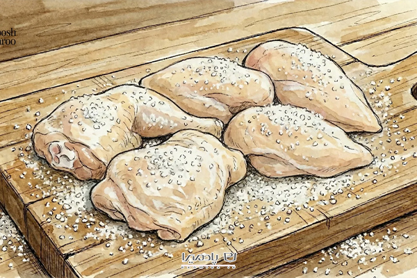 گوشت مرغ نمکسود روی تخته چوبی آشپزخانه