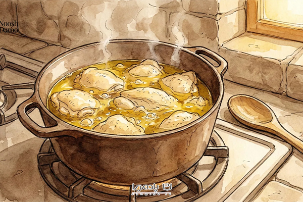 یک قابلمه روی گاز که تکههای مرغ داخل آن و درون روغن میپزند